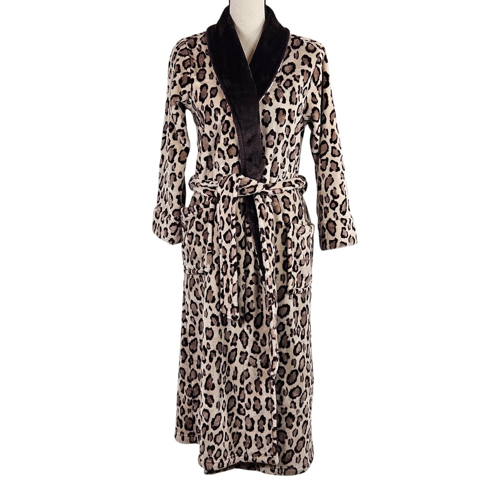 Natori Leopard Print Robe Women S Brown Fleece Shawl Collar Belted Pockets